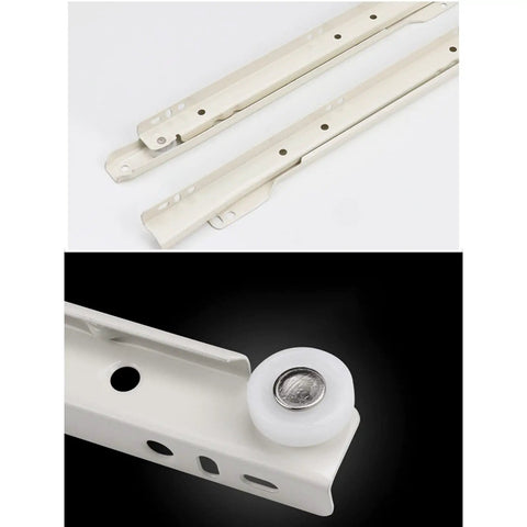 Smooth As Butter White Roller Drawer Slides, Bottom Mount Partial Extension Runners With Quiet Glide features durable cold rolled steel and smooth rollers.