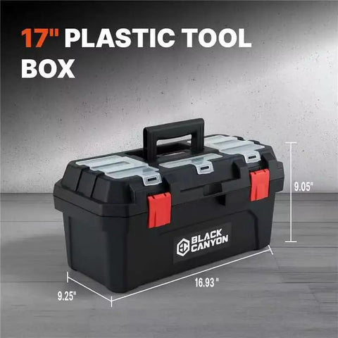 Heavy Duty 17 Inch Stackable Plastic Tool Box Carries 44 Lbs Gritty Polypropylene Shell Reinforced Latches side view with dimensions