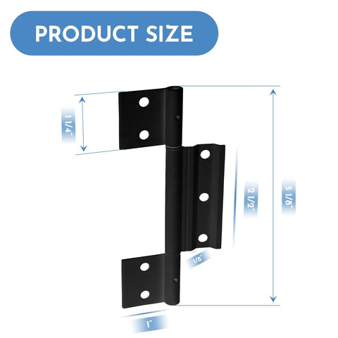 3Pack Matte Black Screen Door Hinges Featuring One Eighth Inch Grooved Center Leaf Fits Most Patio Enclosure Storm Doors, showing dimensions 5 1/8" x 2 1/2" x 1".