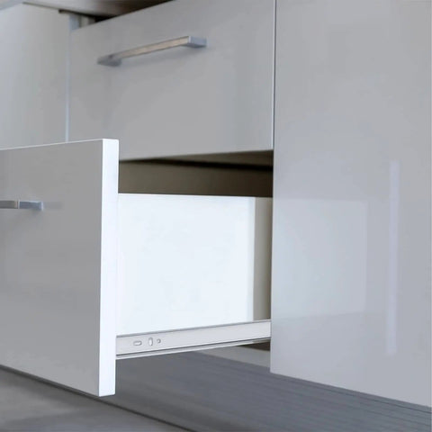 Open drawer showing 22 Inch Beefy Heavy Duty Drawer Slides Without Lock Full Extension Ball Bearing Industrial Slides with 150 lb load capacity.