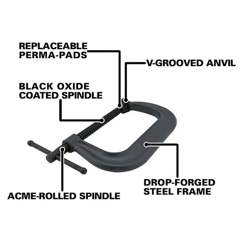 C-Clamp 10-1/8 In Opening, 5-7/8 In Throat, Beefy 8000 Lbs Clamp Force, Model 410 with labels of features like spindle and frame