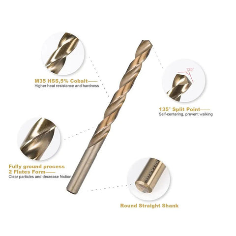 Cobalt Drill Bit Set 29 Piece M35 High Speed Steel Twist Jobber Bits Heavy Duty for hardened metal, detailed features diagram.