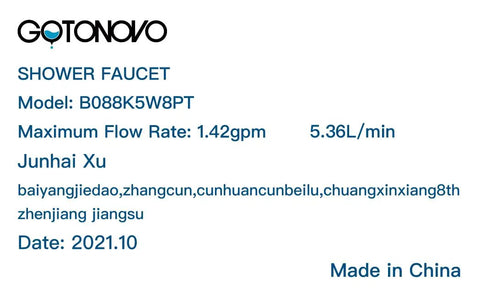 Product label for Brushed Nickel Shower Faucet Set With 8 Inch Rain Shower Head Handheld Spray Double Lever Handles Tub Spout 3 Function Diverter Wall Mount Bathroom Fixture All in One Premium Brass Construction, model B088K5W8PT, made in China.