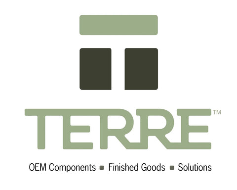 Terre logo with light green wordmark and dark green blocks; includes OEM Components, Finished Goods, Solutions.