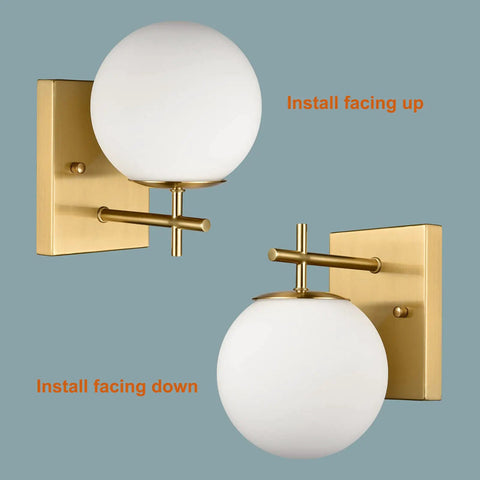 Gold Globe Wall Sconces Set of Two, Dope Brass Modern Vanity Lights With Milky White Glass Shades, Wall Mounted, Brushed Brass Finish