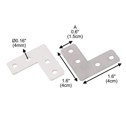 Built Tough Stainless Steel Corner Braces And Angle Brackets measuring 1.6 inch, used for heavy duty shelf supports.