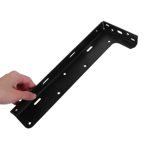 Close-up of Beefy Heavy Duty L Shelf Brackets For Wood Shelves Black Steel Two Pack with a thickened stable structure in hand