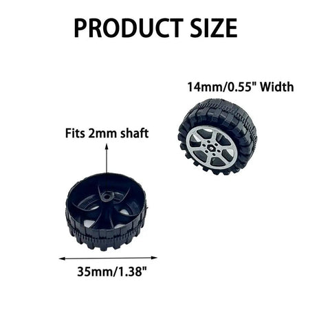 30 Pack 35mm Plastic Toy Car Wheels With 2mm Round Shaft Axles for RC Cars, 14mm wide, size dimensions shown