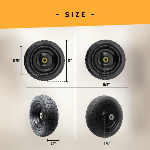 Flat Free 10 Inch Solid Replacement Tire And Wheel For Cart Dolly Hand Truck Generator Lawn Mower Garden Wagon With 5/8 Inch Axle Bore Double Sealed Bearings Durable Rubber 4.10/3.50-4 shown in size dimensions