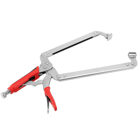 Front view of a 4 Piece Beefy 18 Inch Locking C Clamps Set With Swivel Pads And Rubber Handle Sleeves For Welding And Woodworking.