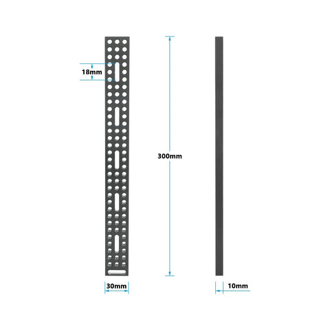 Top Shelf 12 Inch Long Cheese Mounting Plate Featuring Heavy Duty Aluminum Body And Built In Quarter Twenty Screws, showing dimensions.