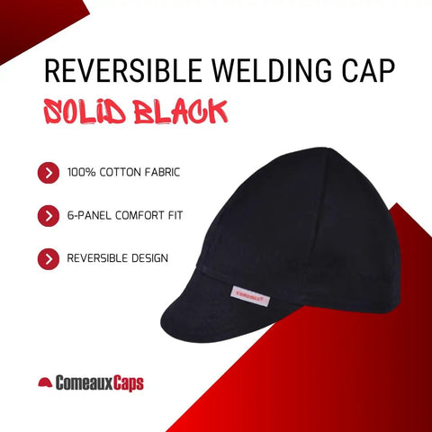 Reversible Welding Cap Solid Black On Both Sides, 6 Panel Design With Medium Crown And Soft Brim, 100 Percent Cotton, Size 7 And 1 Eighth