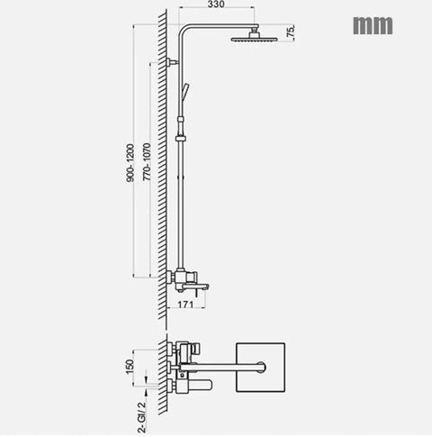 NUHSLF Shower System Luxury Brass Golden Shower Faucet Single Lever 8Inch Rain Shower Mixer Kit dimensions diagram.