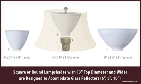 Diagram showing various sizes of lamp shades with top diameters from 6" to 10", designed to accommodate glass reflectors.