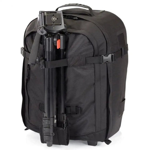 Urban Style Dope 17 Inch DSLR Laptop Backpack With Dedicated Camera Gear Compartments Fits Pro DSLR And Mirrorless Cameras Lenses Flashes Tripod And 17 Inch Laptop All Weather Cover, front view with attached tripod.