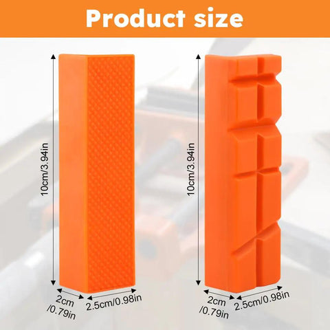 Product size of Heavy Duty 4 Inch Vise Jaw Pads With Magnetic Soft Jaw Covers for replacement, showing dimensions and orange rubber material.