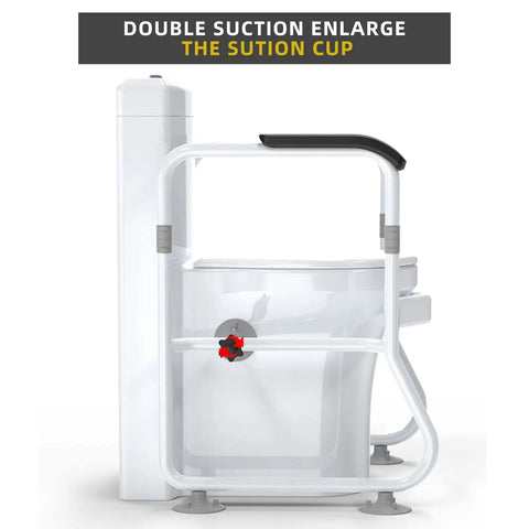 Ultimate Toilet Safety Rail with padded arms, side view showing double suction cup, installed on toilet with adjustable handrail.