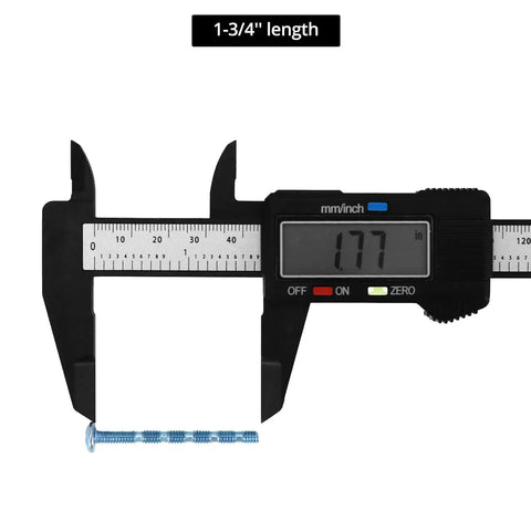 Digital caliper measuring 1.75 inch length of a zinc-plated steel truss head break away screw from 100 pack for cabinets.