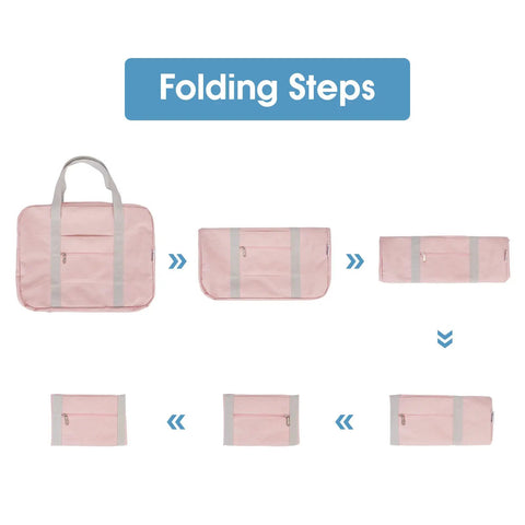 Step-by-step folding process of 30L Foldable Personal Item Duffel Bag 18x14x8 Inches Pink With Shoulder Strap Packable Travel Tote