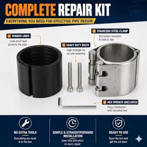 Rock Solid Heavy Duty Three Inch Pipe Repair Clamp And 304 Stainless Steel Leak Sealer For Burst Water Pipes Metal And Pvc Split Lines Straight Up No Drip Fix Patch complete repair kit with rubber liner and stainless steel clamp
