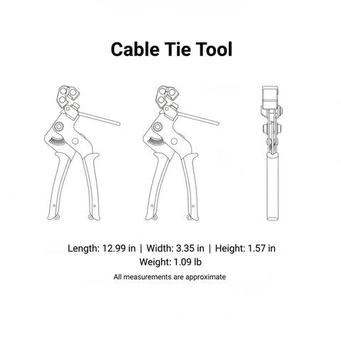 Cable Tie Tool For Quick Tensioning And Cutting With Carbon Steel Pliers, 13 Inch, diagram with dimensions and side-view angles.