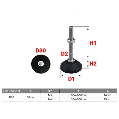 Universal Adjustable Lathe Leg Leveling Feet With 30mm Threaded Pads, Swivel Base And Articulating Legs, with dimensions and parts list
