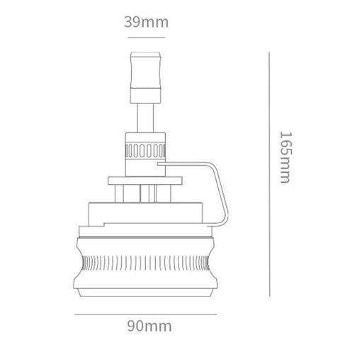 Game Changing 58mm Espresso Puck Distributor Tool With Adjustable Height showing dimensions 39mm x 90mm x 165mm for precise coffee grounding.