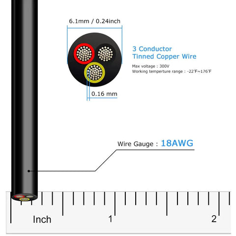 18 Gauge 3 Conductor Electrical Wire 32.8 Ft Black Stranded Low Voltage Cable 18 AWG Tinned Copper PVC Jacket cross-section view