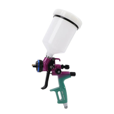 Real Deal HVLP Paint Sprayer Machine Delivering Smooth As Silk Atomization And No Sweat Adjustments For Furniture Coating And Auto Painting With Solid 600 Ml Aluminum Cup side view of spray gun with 600ml cup