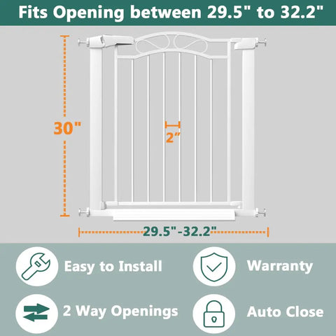 Extra Wide Press Mounted Baby Gate Indoor Walk Through No Drill For Kids And Pets Fits 29.53 To 32.28 Inches Doorway Hallway Gate Safety For The House, measurements shown