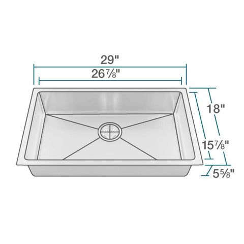 Single Bowl Stainless Steel Kitchen Sink With Three Quarter Inch Radius Corners, Eighteen Gauge 304 Grade Steel dimensions diagram