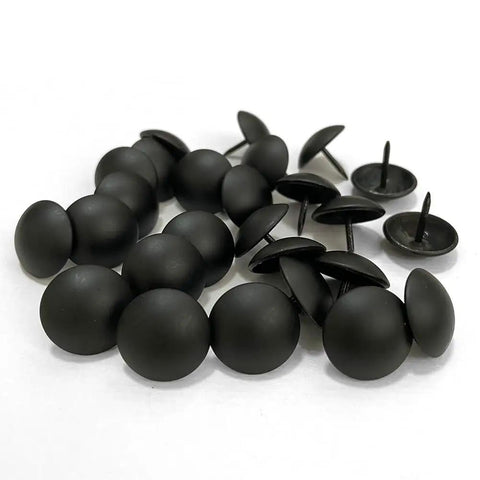 Top Shelf Matte Black Upholstery Tacks 100 Piece Set Heavy Duty Metal Thumb Tacks, round heads, matte finish for upholstery projects.