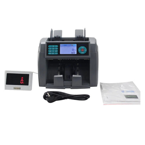 Boss Level Money Counter Machine For Mixed Bank Bills CIS Optical Sensor Filters Fakes with digital display and accessories.