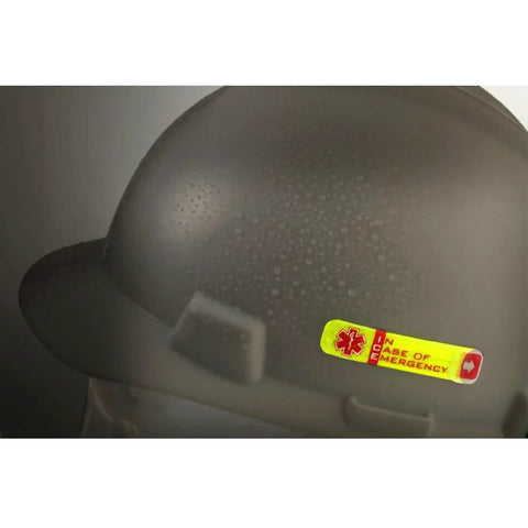 Emergency Worker Hard Hat Reflective ID Sticker Set 0.5 X 2.75 Inches Fluorescent Lime Yellow and Red on gray helmet
