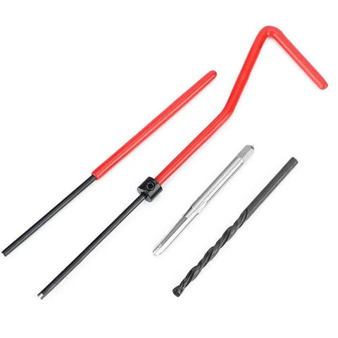 30 Piece Thread Repair Kit With Stainless Steel Inserts for Metric and Imperial Threads, showing breaker, tap, and twist drill.
