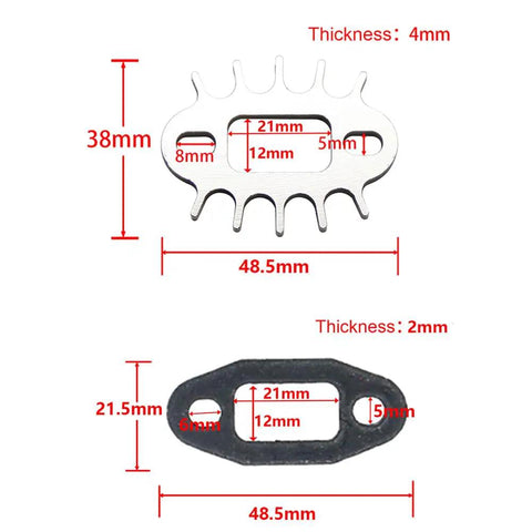 High Performance Exhaust Pipe Gasket Kit For 23cc To 36cc RC Engines, Tuned Pipe Gasket Set dimensions and thickness details.