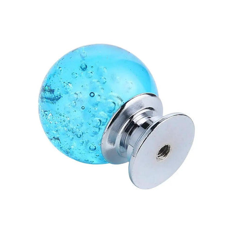 Hella Elegant 10 Pack 30 Millimeter Aqua Blue Crystal Cabinet Knobs Round Glass Bubble Drawer Handles K9 Crystal Zinc Alloy Furniture Hardware For Home Dresser Closet Pulls up close view of round aqua blue glass cabinet knob.
