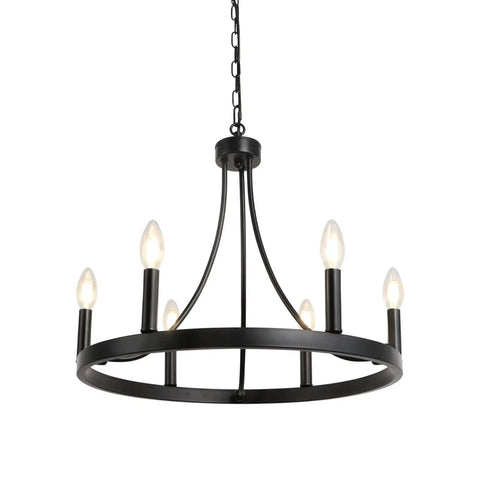 Six Light Wagon Wheel Chandelier in Black Industrial Farmhouse Style with wrought iron frame and flexible chain