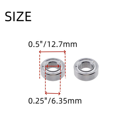 Five Pack Ball Bearing Shank Router Bit Accessory Kit For Quarter Inch Shank Bits Tough Carbide Steel For Long Life Inner Diameter Six Point Three Five Millimeter Outer Diameter Six Point Three Five Millimeter Bottom Mounted Bearings To Handle Fast showing two bearings with size measurements labeled.