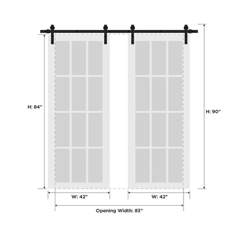 Dimensions diagram of Built Tough Double Barn Sliding Door With Frosted Glass Panels, Matte Black Finish, 13-Foot Silver Rail System