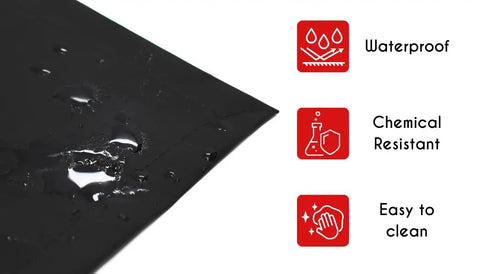 Close-up of waterproof black rubber vinyl apron material with icons highlighting chemical resistance and ease of cleaning, part of 25 Pack Rubber Vinyl Aprons Large 27W X 42L Waterproof Pro-Grade Halter Bib Aprons For Dishwashing Butcher Lab Black Chemical And Oil Resistant Easy To Clean Heavy-Duty Protective Gear For Pro Kitchens And Workshops.