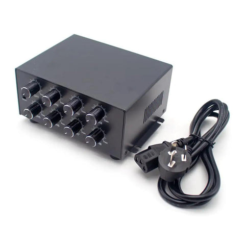 Beefy 8 Channel Microscope LED Driver With Dimming Switch 24V DC For Machine Vision And Stereo Microscopes PCB Inspection And Laboratory Lighting Systems Ideal For Research Labs And Manufacturing Quality Control, black metal unit with power cord