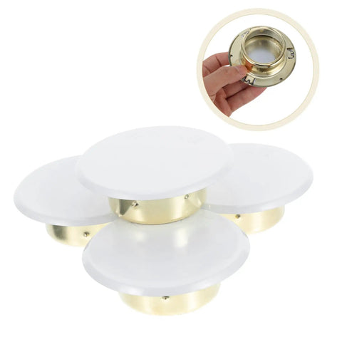 Four Pack Concealed Sprinkler Head Decorative Covers Heavy Duty Iron Protective Plates in white and gold for lawn irrigation.