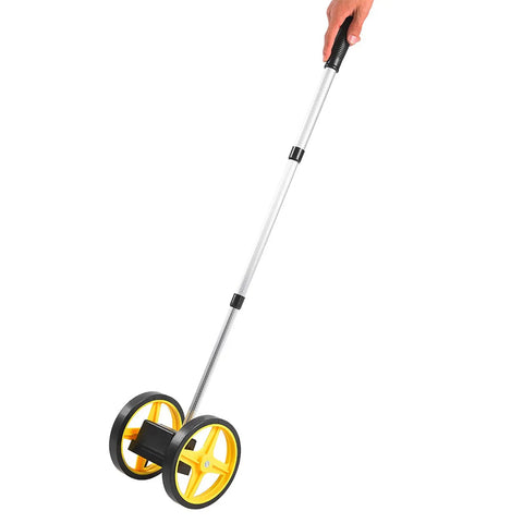 Bad Boy Two Wheel Measuring Tool Built Tough With Aluminum Shaft And Rugged Abs Body For Quick Property Lines And Driveway Layouts Plus A Folding Handle So You Can Pack Up And Roll Home In No Time Flat, showing the two wheel design and aluminum shaft.