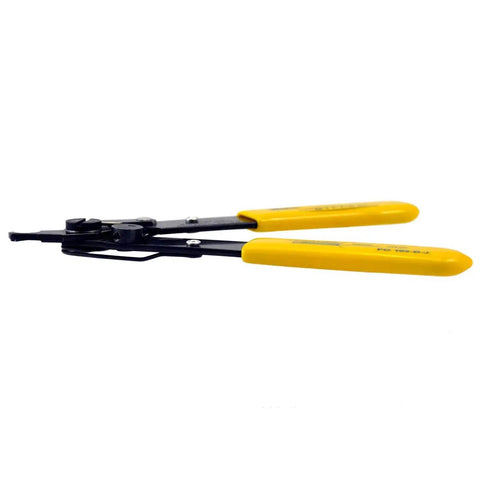Side view of FO 103 D Series Dual Hole Fiber Optic Stripper For Tech Pros And Electricians, showing yellow handles and V shaped opening.