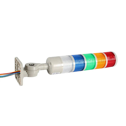 Heavy Duty Five Tier Signal Tower Stack Lights With Rotatable Base And Built In Sounder Alarm Steady Flashing Options For Busy Manufacturing Floors, showing multi-colored light sections.