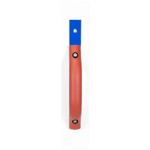 Top view of White Lightning Hand Float For Concrete, 16 Inch Blade By 3 Inch, with red handle and lightweight polymer blade.