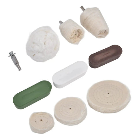Hardcore 10 Piece Cotton Flannel Buffing Wheel Kit Includes Heavy Duty Wax Rod, cotton pads and wax sticks for polishing.