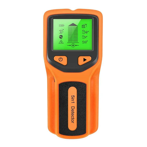 Close-up of 5 in 1 Wall Stud Finder Sensor with Backlit Display showing a clear green screen and control buttons.