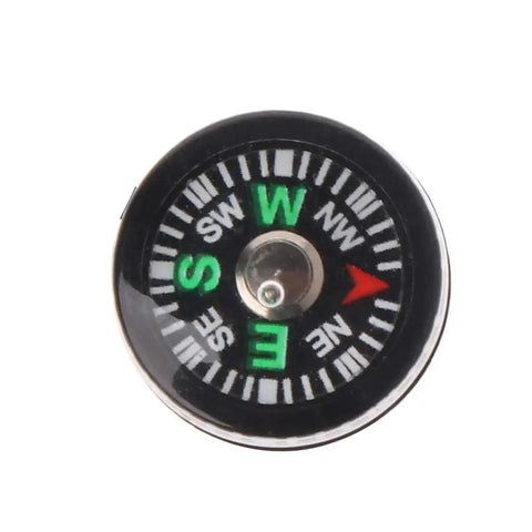 Mini Pocket Button Survival Compasses 20 Piece Set For Hiking Camping Outdoor Diving Sighting Wrist Compass Liquid Filled For Stable Readings In Cold Weather Easy To Carry With Lanyard. Compass close-up showing cardinal directions inside black casing.